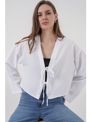 Bigdart Önü Bağlamalı Keten Kimono 960 - Beyaz