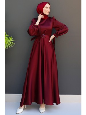 Giza Store Saten Kemerli Elbise Koyu Bordo