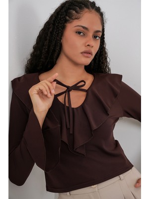 Bigdart Kadın Uzun Kol Crop Bluz 979 - Kahverengi