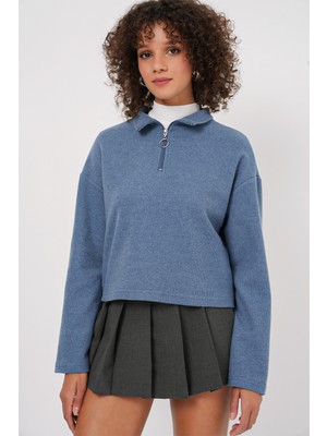 Bigdart 55449 Fermuarlı Yaka Örme Sweatshirt - Indigo