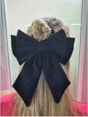 Mena Rise Kadife Siyah Büyük Boy Fiyonk Bağlama Toka, At Kuyruğu Tokası, Topuz Tokası