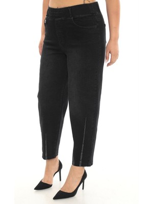 Zanessi Büyük Beden Lastikli Yüksek Belli Likralı Geniş Kalıp Mom Kadın Taşlı Kot Pantolon