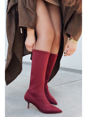I Love Shoes Ralve Kadın Topuklu Streç Çizme Bordo Dalgıç Kumaş