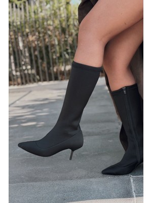 I Love Shoes Ralve Kadın Topuklu Streç Çizme Siyah Dalgıç Kumaş