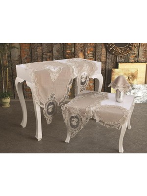 Mena Rise Diyarı Fransız Güpürlü Kadife Salon Takımı 5 Parça Cappucino 180039