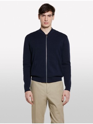 Sisley Pamuk Karışımlı Fermuarlı Bomber Hırka Erkek Lacivert Hırka - 325P10F2S500H