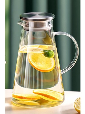 Mena Rise Borosilikat Cam Sürahi | Süzgeçli Paslanmaz Çelik Kapaklı, Dayanıklı Soğuk & Içecek Servis Sürahisi (1800 Ml) | Detoks Içecek Sürahisi Soğuk ve Içecekler Için