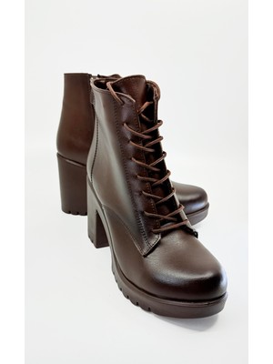 Ccway Bağcıklı Kadın Topuklu Bot KAHVERENGİ CİLT