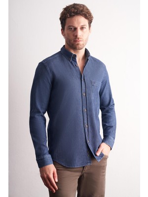 İmza Lacivert-Beyaz Uzun Kol Düğmeli Yaka Kendinden Desenli %100 Pamuk Slim Fit Gömlek 1004255199