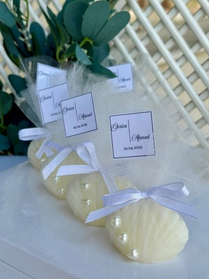 Cacagift Design  Incili Istiridye Beyaz Kurdeleli Mum 10 Adet (Nikah Şekeri, Doğum, Sünnet, Düğün Nişan Söz)