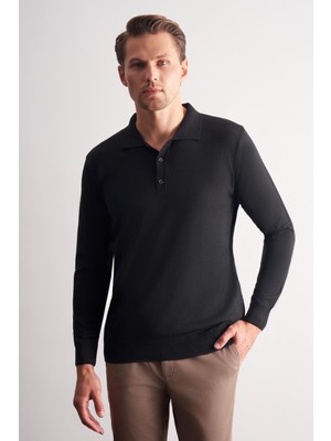 İmza Siyah Polo Yaka Cepsiz Comfort Fit Classic Pamuklu Triko Kazak 1012255007