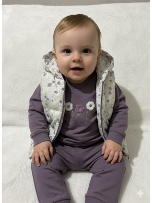 Tuem Baby %100 Pamuk Uzun Kollu Sweatshirt+ Lastikli Eşofman Altı+ Kapüşonlu Yelek Kız Bebek Takımı