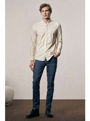 İmza Bej - Beyaz Smart Düğmeli Yaka Uzun Kol Cepsiz Slim Fit Casual Gömlek 1004255165