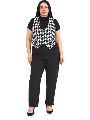 Disentis Modest Büyük Beden Düğme Kapamalı Cep Kapaklı Astarlı Kısa Kazayağı Desenli Yelek