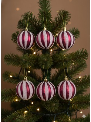 Dodomar 6'lı Paket Yılbaşı Ağacı Top Süsü (6 Cm) - Simli Parlak Çizgili Kırmızı Lüks Ağaç Dekorasyonu Seti (Özel Pvc Kutulu)