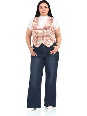 Disentis Modest Büyük Beden Düğme Kapamalı Cep Kapaklı Astarlı Kısa Kareli Kiremit Yelek