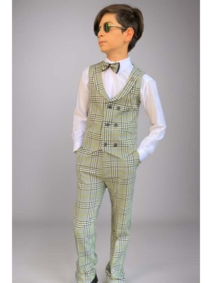 Riccotarz Erkek Çocuk Kare Desen ve Şal Yaka Yelekli Yeşil Takım Elbise