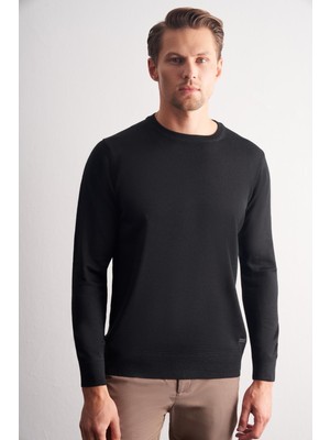 İmza Siyah Bisiklet Yaka Uzun Kol Cepsiz Comfort Fit Classic Pamuklu Triko Kazak 1012255206