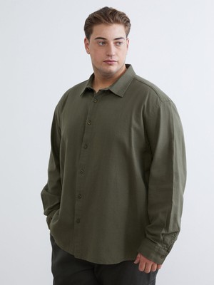 Lc Waikiki Erkek Uzun Kollu Keten Görünümlü Haki Regular Fit Gömlek Günlük Stil 6XL