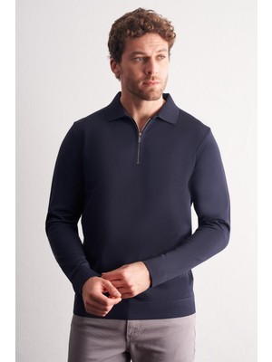 İmza Lacivert Uzun Kol Fermuarlı Yaka Cepsiz  Slim Fit  Triko 1012255150