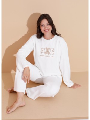Wordex Mr 9010 Havlu Kumaş Ayıcık Nakışlı Kışlık Kadın Eşofman Pijama Takımı