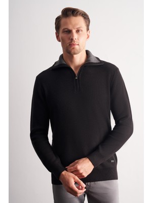İmza Siyah Fermuarlı Yarım Balıkçı Uzun Kol Cepsiz Comfort Fit Casual Pamuklu Triko Kazak 1012255204