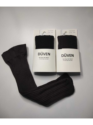 Düven 2'li Paket Yumuşacık Dokusu Klasik Örgü Deseniyle Kalın Kışlık Siyah & Kestane Rengi Dizaltı Çorap