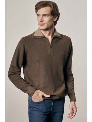 İmza Vizon Fermuarlı Yarım Balıkçı Uzun Kol Cepsiz Comfort Fit Casual Pamuklu Triko Kazak 1012255204