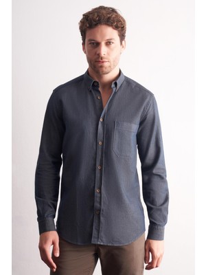 İmza Lacivert - Kahverengi Uzun Kol Düğmeli Yaka Kendinden Desenli %100 Pamuk Slim Fit Gömlek 1004255199