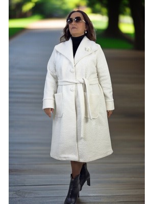 Yagmur Beren  Mono Yaka Kuşaklı Torba Cepli Astarsız Büyük Beden Kadın Buklet Kaban