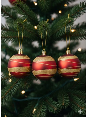 Dodomar 3 Adet Yılbaşı Ağacı Top Süsü (8 Cm) - Altın Simli Şeritli Kırmızı Parlak Kaliteli Yılbaşı Dekorasyonu Seti Pvc Kutulu Set