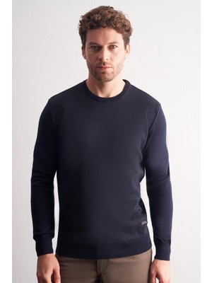 İmza Koyu Lacivert Bisiklet Yaka Uzun Kol Cepsiz Comfort Fit Pamuklu Triko Kazak 1012255220