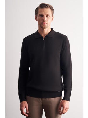 İmza Siyah Fermuarlı Polo Yaka Uzun Kol Cepsiz Comfort Fit Casual Pamuklu Triko Kazak 1012255202