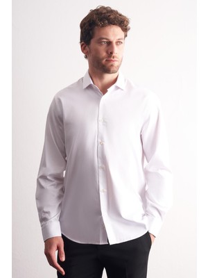 İmza Beyaz Yarım Italyan Yaka Saten Uzun Kol Premium Slim Fit %100 Pamuk Gömlek 1004255195