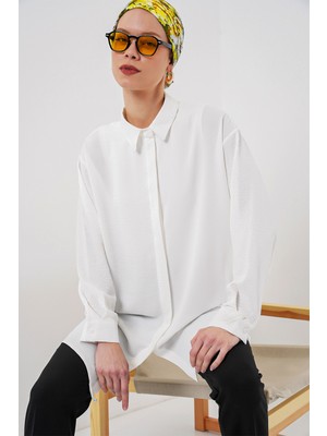 Bigdart Kadın Uzun Gömlek Tunik 5945 - Beyaz