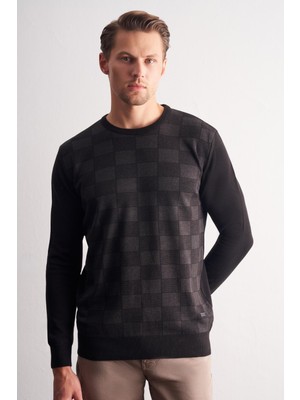 İmza Siyah Bisiklet Yaka Uzun Kol Cepsiz Comfort Fit Pamuklu Triko Kazak 1012255221