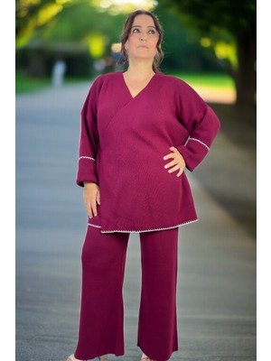 Yagmur Beren  Anvelop Bağlamalı Hırka Beli Lastikli Pantolon % 100 Akrilik Büyük Beden Ikili Triko Takım
