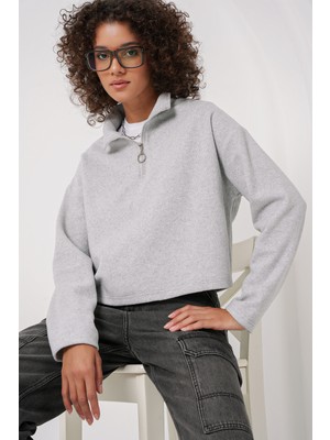 Bigdart 55449 Fermuarlı Yaka Örme Sweatshirt - Gri