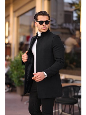 Bermuda Erkek Siyah Slim Dik Yaka Kaşe Kaban