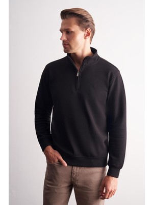 İmza Siyah Uzun Kol Hakim Yaka Düz Pamuklu Comfort Fit Sweatshirt 1013255151