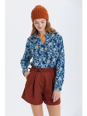 Clandestino Çiçek Desenli Pamuklu Gömlek Mavi