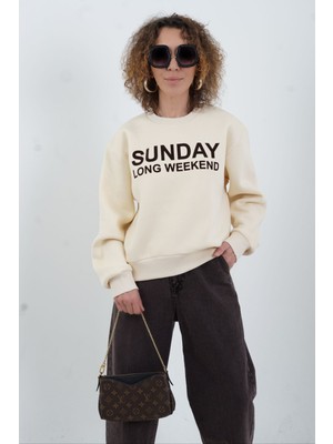 Zelish My Sister Bej Sunday Baskılı Bisiklet Yaka Sweatshirt