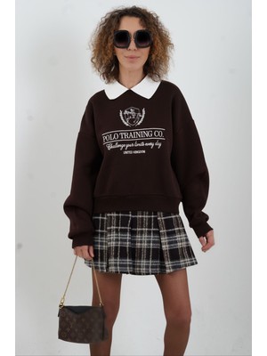 Zelish My Sister Kahve Nakışlı Polo Yaka Sweatshirt