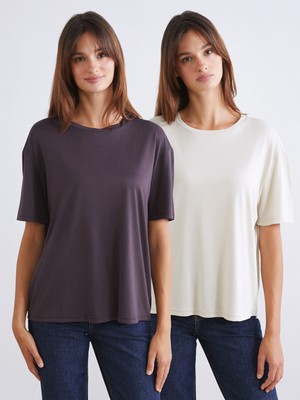 Lc Waikiki Yeni Sezon Bisiklet Yaka Modal Karışımlı Kadın Tişört 2'li