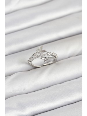 Pirinç Gümüş Renk Zirkon Taşlı Kelebek Model Kadın Yüzük - Lisinya