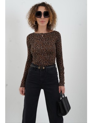 Zelish My Sister Leopar Desenli  Kayık Yaka Modal Kaşmir Bluz
