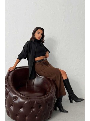 Ecenin Favorileri Fitilli Kadife Önden Yırtmaçlı Midi Kadın Etek