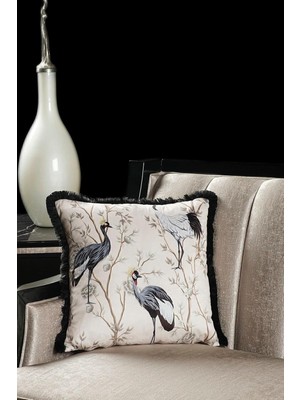 Mena Rise Lüks Kadife 43X43 cm Kırlent Kılıfı Dekoratif Yumuşak Salon Koltuk Avangart Saçaklı Beyaz