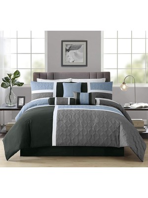 Mena Rise Upland 7 Parça Kapitone Yama Işi Yorgan Seti, Gri/açık Mavi/kömür,