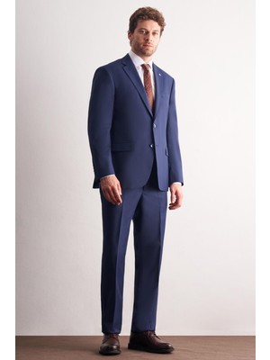 İmza Lacivert Mono Yaka Kendinden Çizgili Desen Esnek 4 Drop Comfort Fit Classic Takım Elbise 1001255159